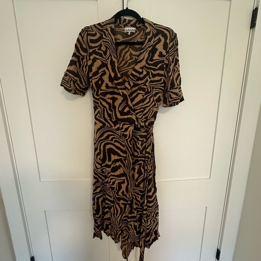 Ganni Brown Printed Wrap Dress Short Sleeve